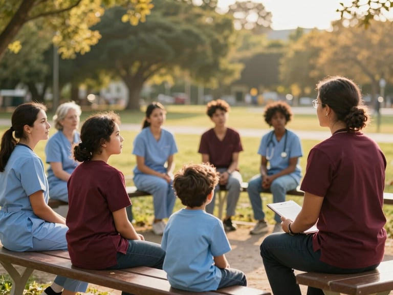 A community health workshop outdoors in a sunlit park, diverse families sitting on benches listening to an educator, warm golden-hour lighting.