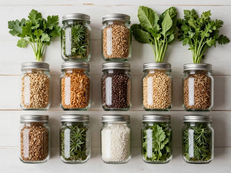 Overhead flatlay of neatly organized pantry staples in glass jars, dry grains, and fresh green herbs on a warm white wooden table, soft natural side daylight