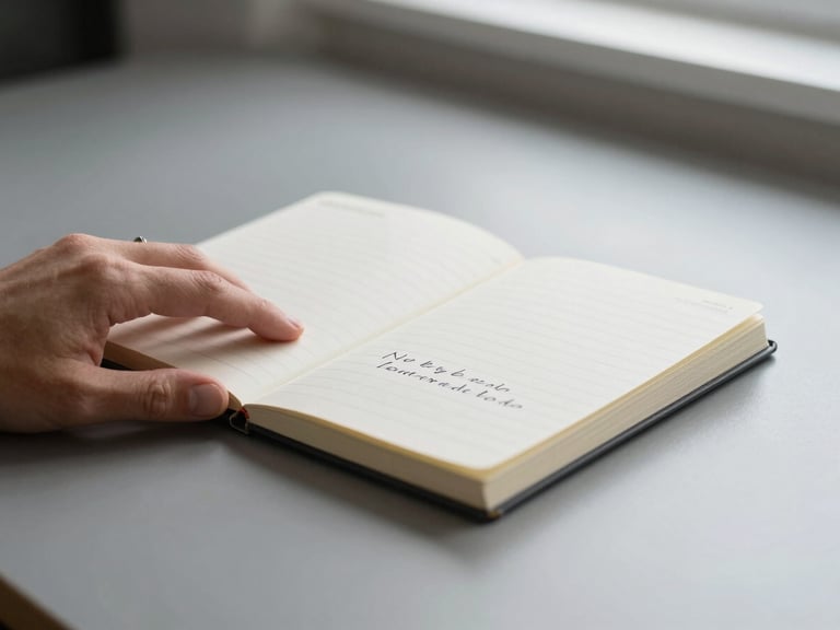 Nahaufnahme einer Hand, die eine Notizbuchseite mit handschriftlichen Notizen zu Krypto-Konzepten umblättert, auf einem minimalistischen Schweizer Schreibtisch, weiches Fensterlicht.