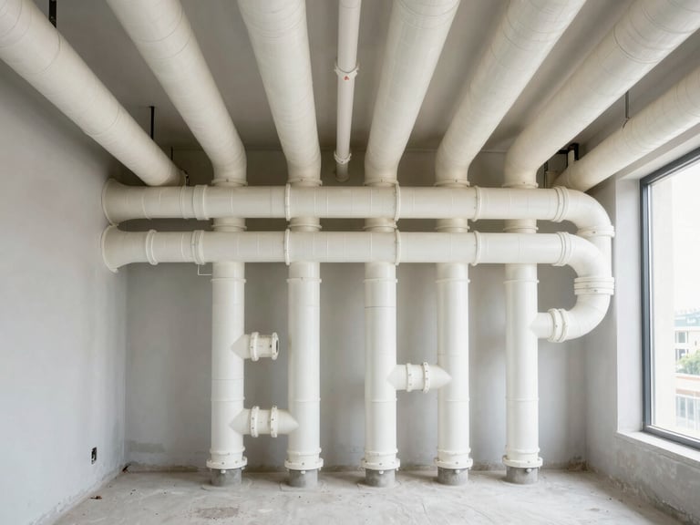 Clean, organized plumbing pipes and fittings in a utility space, well-lit interior, straight-on technical view.