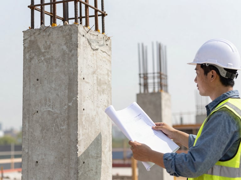 Close-up of a civil engineer inspecting a reinforced concrete column on a construction site, blueprints in hand, focus on structural details.