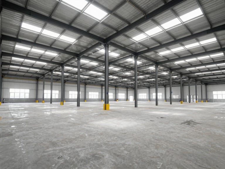Panoramic view inside a large, newly constructed industrial warehouse, high ceilings, clean concrete floors, natural light flooding in from skylights.