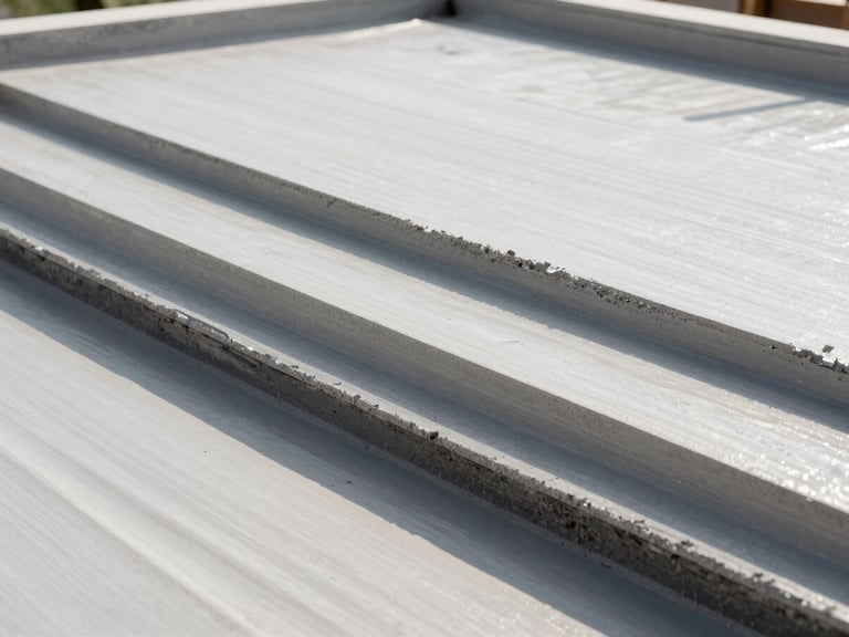 Close-up of multi-layer waterproofing application on a terrace, showing different material layers, bright natural daylight, technical angle.