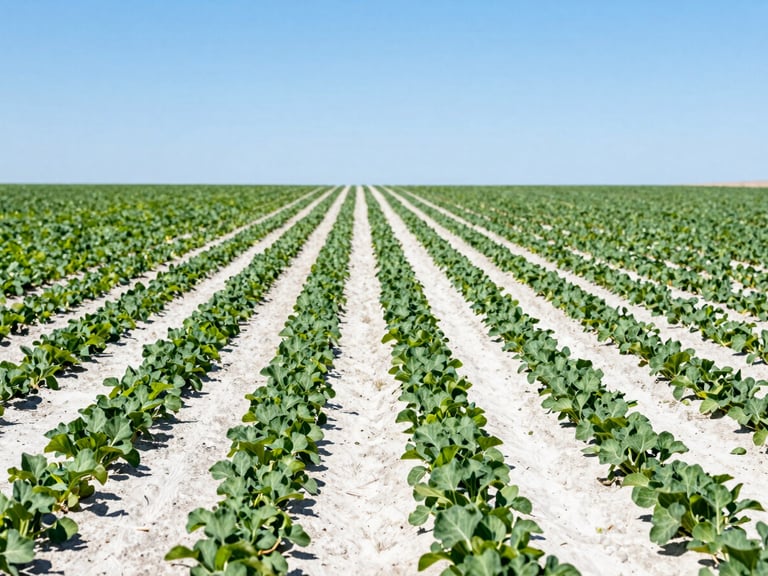 Wide environmental view of structured, vibrant green crop rows under a clear blue Colorado sky, high-key daylight, precise agricultural grid