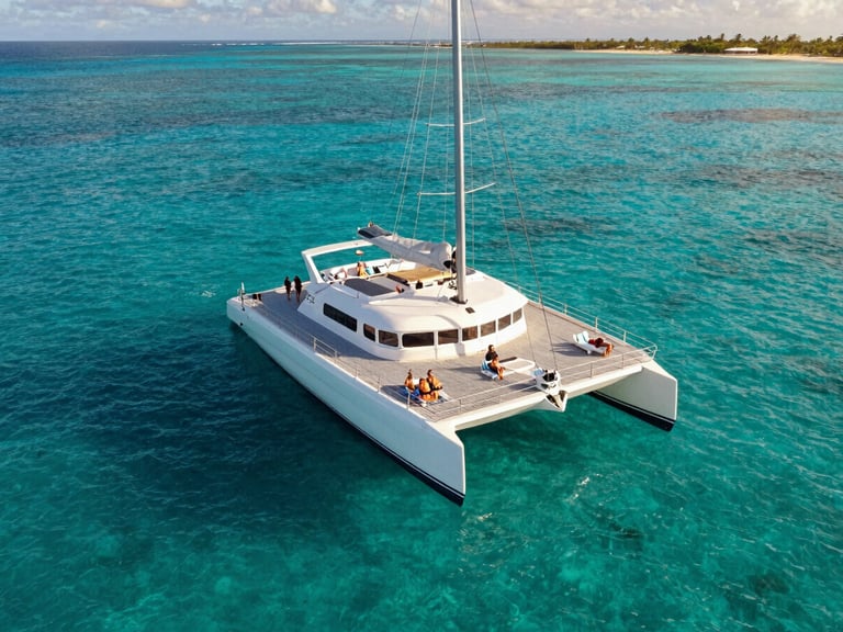 Wide-angle editorial travel photography of a spacious catamaran sailing on crystal-clear turquoise Caribbean water, ample empty deck space, few relaxed guests lounging under bright natural sunlight.