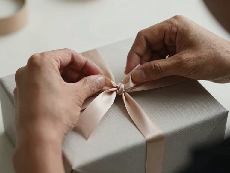 Close-up of artisan hands carefully tying a silk ribbon around a structured luxury gift box, soft studio lighting