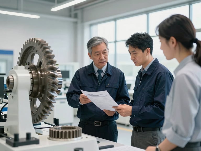 Industrial engineer in high-vis gear reviewing ISO compliance documentation with a client inside a modern, bright manufacturing facility, crisp focus, corporate technical style.