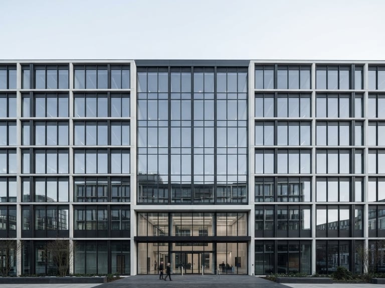 Straight-on architectural shot of a modern minimalist office building exterior, clean steel and glass lines, bright cool daylight, slate gray reflections, negative space.