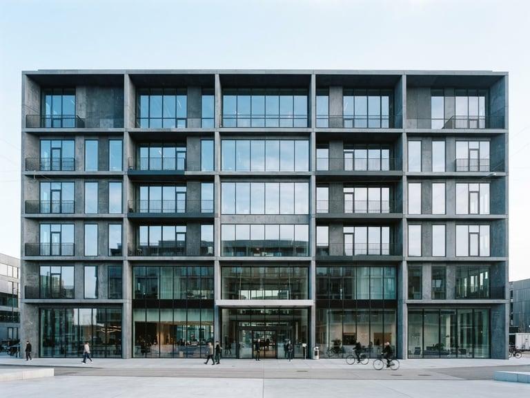 Straight-on architectural view of a modern concrete and glass office building, sharp lines, cool daylight, slate tones.