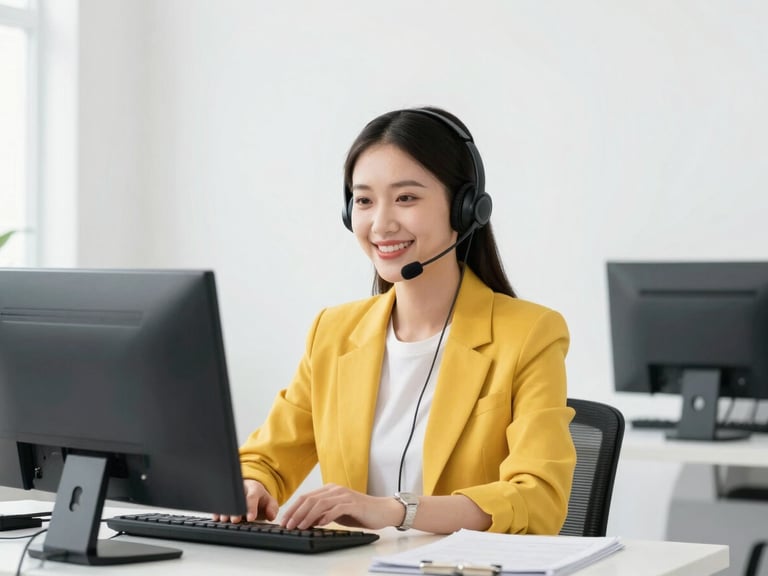 Bright high-key commercial photography of a modern friendly customer service workspace, clean white studio backdrop, even bright lighting, sharp focus, 50mm