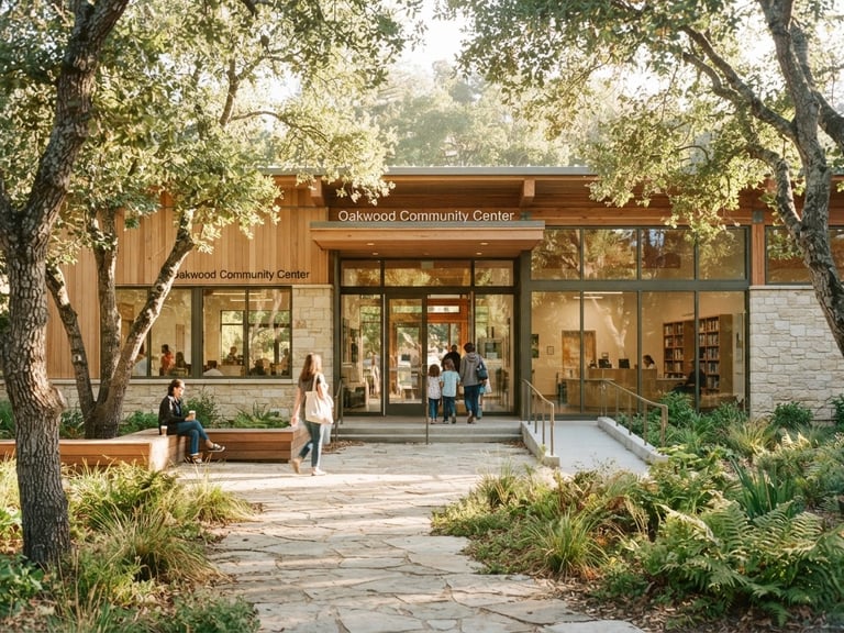 A warm architectural rendering of a modern community center entrance, sun-drenched morning light filtering through oak trees, soft cream and green tones, 35mm.