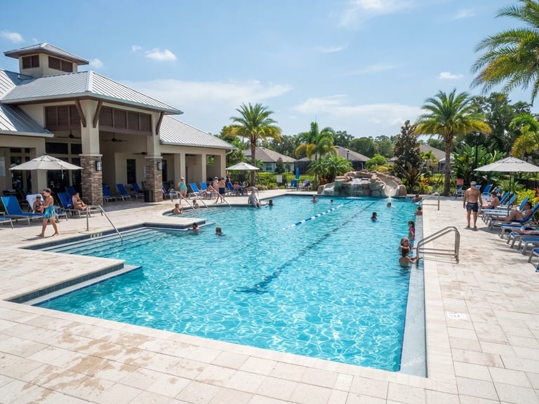 Crisp commercial photography of a wide Florida subdivision clubhouse pool under bright midday sun, clean blue water, professional utility aesthetic, 35mm