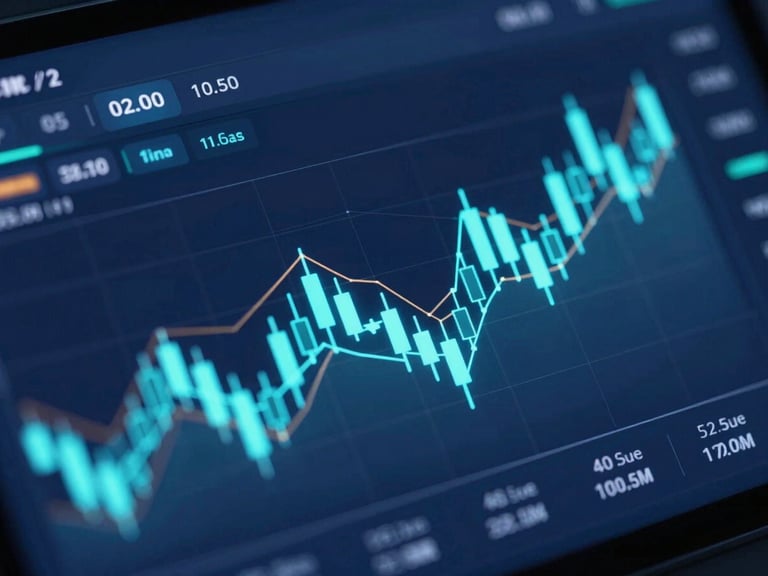 Isometric 3D render of a dark financial dashboard UI, glowing neon cyan candlestick charts, abstract network nodes connecting price points, deep blue background, macro focus.