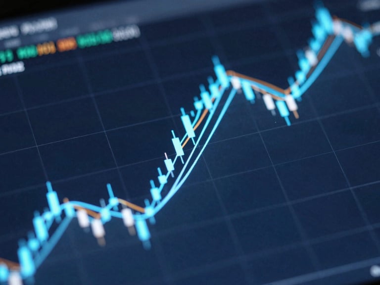 Extreme close-up of a dark mode financial candlestick chart with neon blue lines, glowing heatmap nodes, and a sleek glassmorphic UI overlay