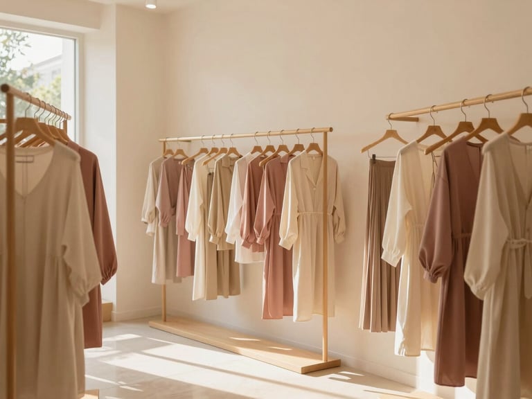 The warm, minimalist interior of a boutique fashion store in Ampang, with soft cream walls, light wood clothing racks, and elegant fabrics hanging, warm golden daylight streaming in