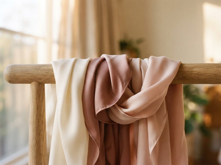 Close-up of elegant cream and dusty rose silk scarves draped softly over a minimalist wooden rail, warm golden-hour light casting soft shadows, 35mm photography