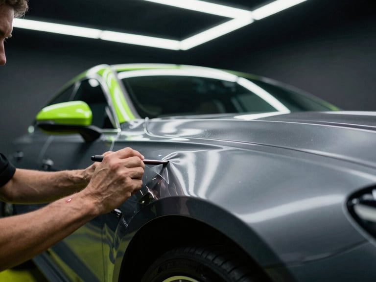 Tight macro shot of hands carefully applying a high-gloss vinyl wrap to a fender, dramatic workshop lighting, neon green accents