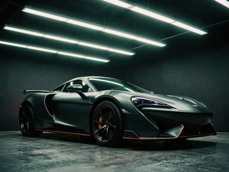 Low-angle dramatic shot of a sports car being wrapped in matte vinyl inside a dark garage, neon green overhead LED workspace lighting, 35mm film grain.