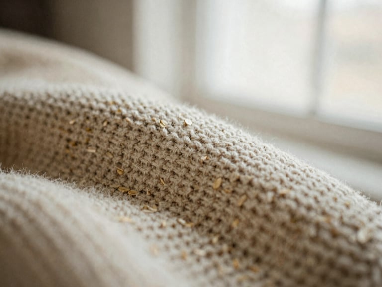 Close-up macro shot of warm oatmeal knitwear texture, soft diffused window light, shallow depth of field, 35mm film texture