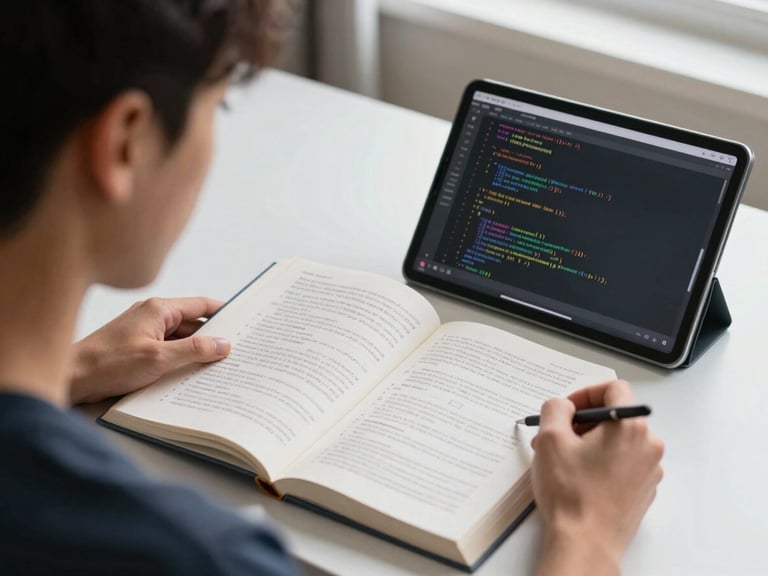 Over-the-shoulder shot of a student reading a technical book next to a clean tablet displaying code, natural morning light, quiet study room.