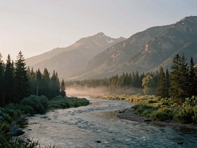 Wide-angle mountain vista of the Uintas at dawn, with a serene river winding through the foreground, morning mist rising.