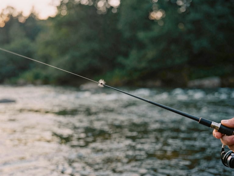 Close-up of a hand-tied fly on a fishing line, with blurred morning river currents in the background, soft golden light.