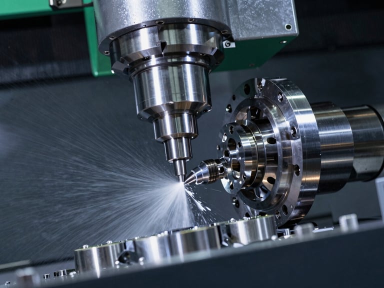 Low-angle shot of a high-speed 5-axis CNC machining center spindle cutting a complex aerospace component, bright coolant spray, sharp metallic reflections.