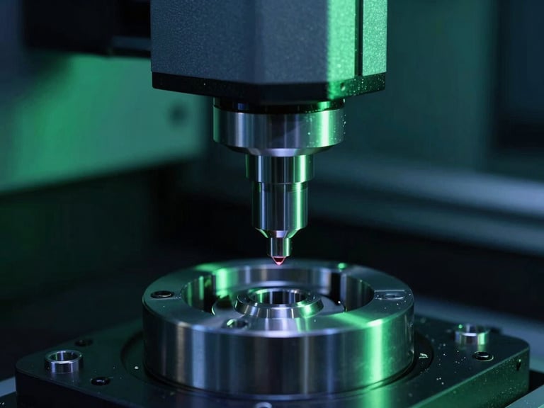 Macro photography of an automated coordinate measuring machine (CMM) ruby probe measuring a machined titanium component, dramatic cool-toned blue and emerald green lighting.