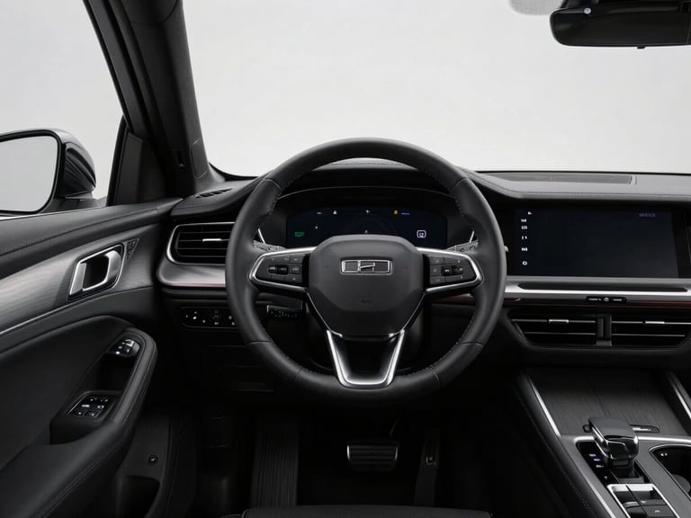 Wide interior shot of a premium dark-toned vehicle dashboard, steering wheel centered frame, ambient backlit controls glowing softly, matte black trim, studio overhead lighting, no people, clean and minimal composition