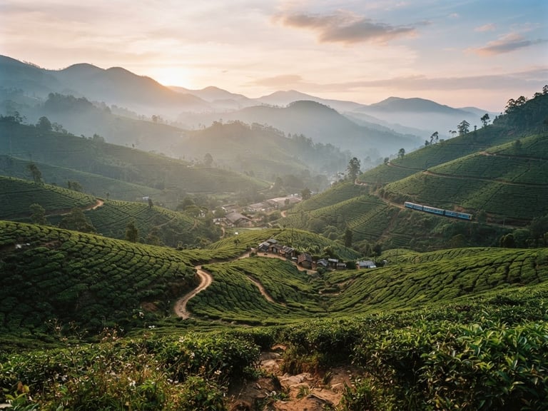 Wide environmental landscape of Sri Lanka's high country at dawn, misty mountains, tea bushes stretching into the distance, soft golden hour light, 35mm film style.
