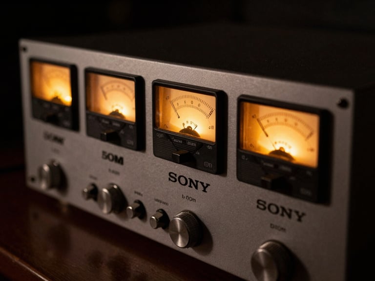 Dramatic close-up of a vintage Sony U-matic broadcast deck, warm amber glows from technical meters, low-key lighting, deep shadows, 50mm