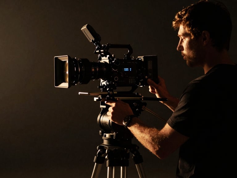 Cinematic low-key behind-the-scenes set shot, director adjusting a camera rig under single-source golden rim light, deep shadows, 35mm anamorphic lens.