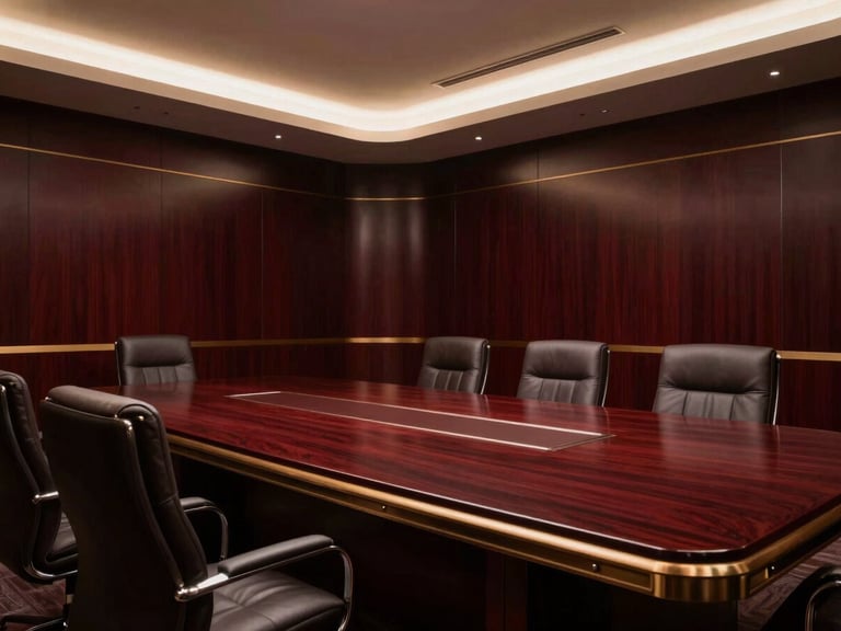An empty, pristine executive boardroom with deep mahogany and bronze accents, dramatic low-key spotlighting, architectural angles, luxury GCC corporate aesthetic.