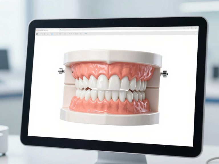 High-key macro shot of modern dental planning software showing a 3D digital model of teeth on a screen, clean clinical background with soft blue tones