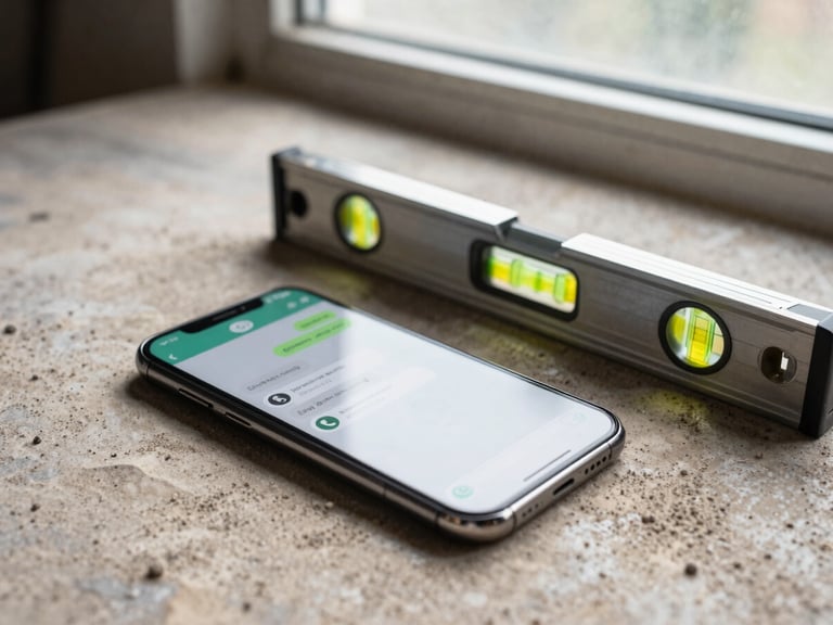 Smartphone lying on a dusty work surface beside a spirit level, WhatsApp conversation visible on screen showing an incoming service request message, natural overcast daylight from a nearby window, no faces