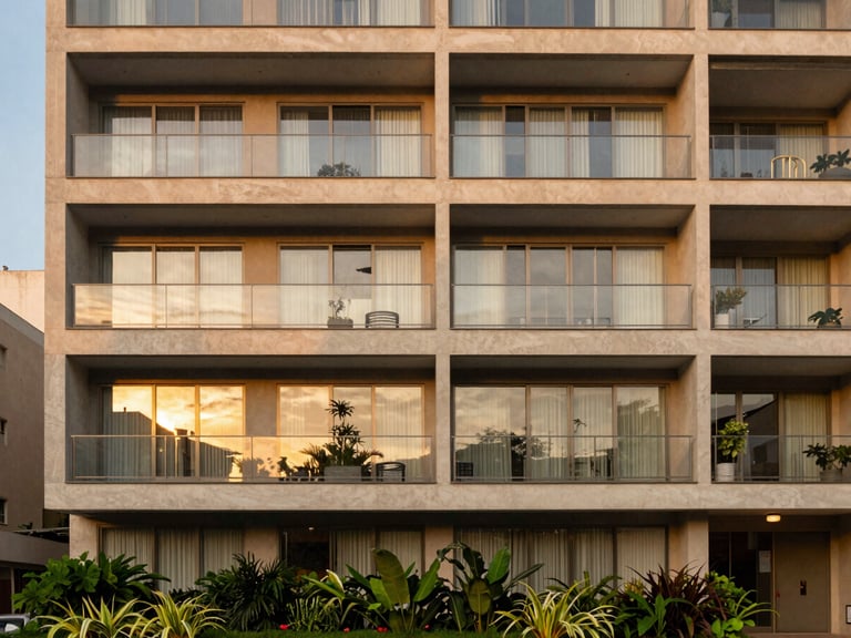 Warm architectural photography of a modern apartment building facade in São Paulo, soft golden-hour light reflecting on large glass windows, green landscaping below, 35mm