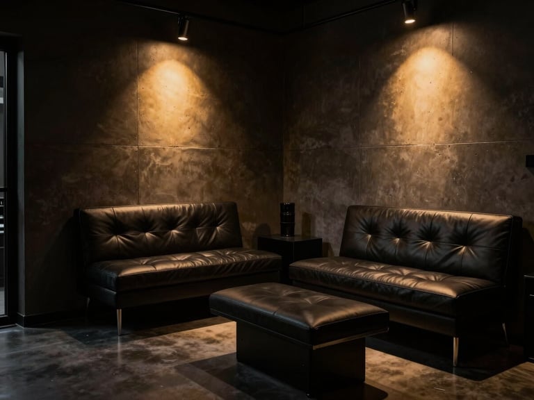 High-contrast dramatic chiaroscuro photography of a luxurious minimalist tattoo studio interior with dark leather seating, concrete walls, and warm golden spotlighting, 35mm lens
