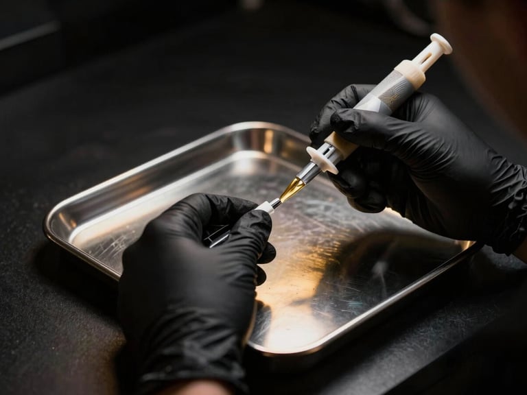 Tattoo artist in black gloves preparing sterile single-use needles on a clean metal tray, dramatic chiaroscuro lighting, gold highlights, dark background, premium clinical aesthetic