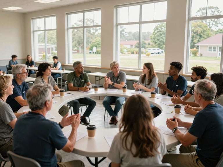 Wide environmental shot of a small volunteer circle gathered around a folding table in a community center, natural afternoon light through tall windows, diverse ages, hands gesturing mid-conversation, coffee cups visible, warm and unposed