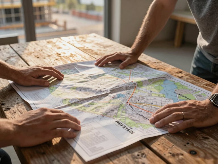 Close environmental shot — two pairs of hands spread across a large land survey map and title document on a weathered wooden site table, late afternoon golden light falling diagonally from the upper left, a blurred construction site visible through an open doorway in the background, no faces visible