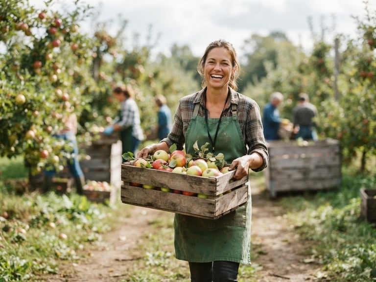 A medium shot of a volunteer smiling while carrying a wooden crate of fresh organic apples, warm documentary photography, soft natural daylight, 35mm film texture.