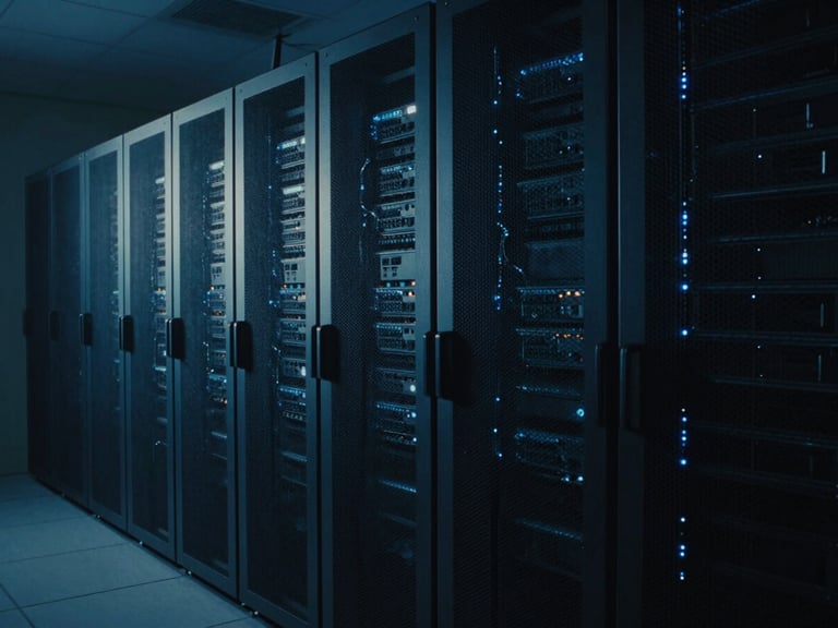 Cinematic wide shot of an organized server rack room, bathed in cool blue LED glows and deep shadows, 35mm film style.