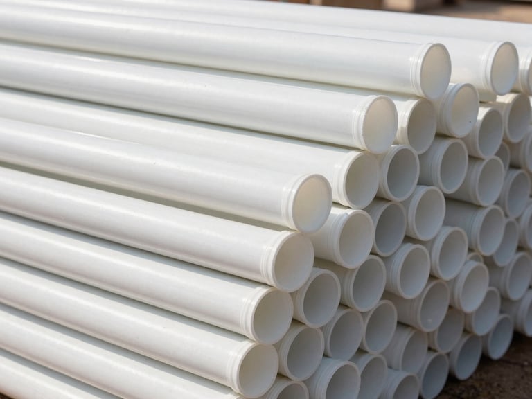 Wide environmental shot of PVC pipes stacked on a clean construction site in Udaipur under bright daylight, emphasizing bulk inventory and direct-to-site dispatch.