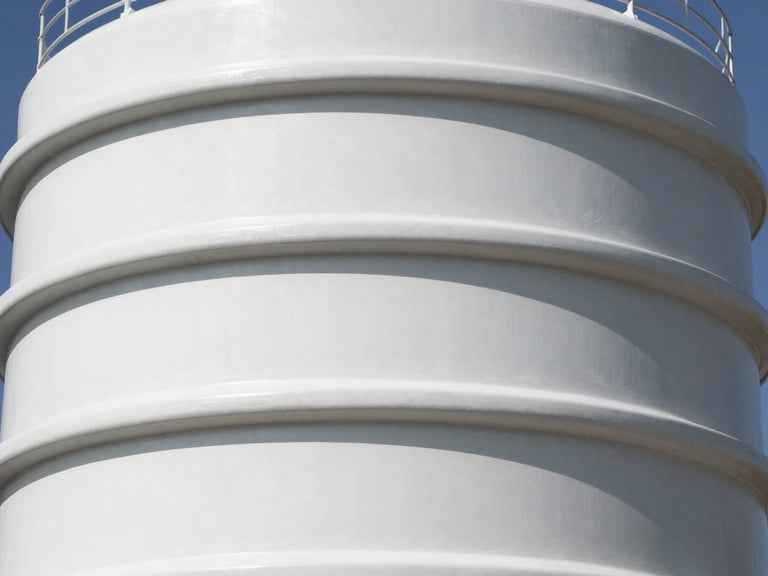 Macro shot of a large, industrial-grade Sintex water tank, showing multi-layer construction, clean studio lighting, high-contrast cool tones, 50mm lens.