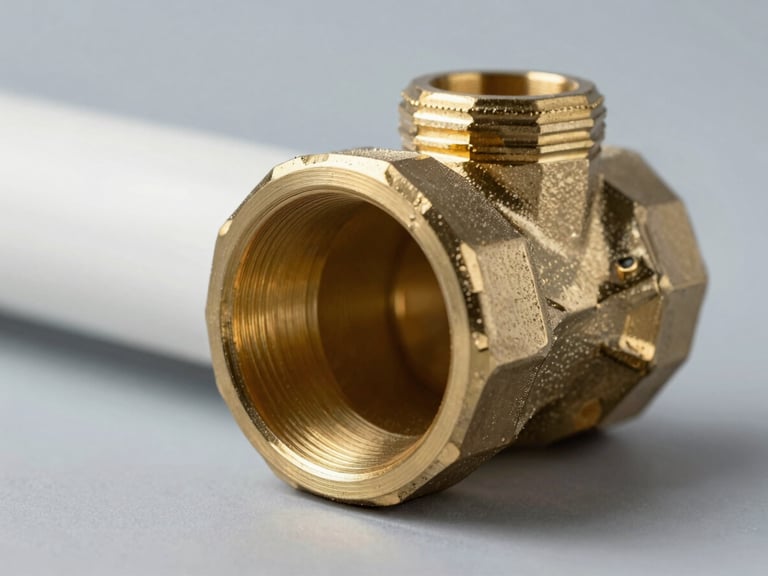 Crisp industrial photograph of a CPVC pipe with brass fittings, highlighting the smooth interior for optimal flow, studio lighting, cool tones.
