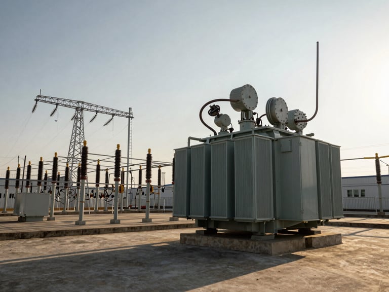 A high-contrast, cool-toned wide shot of an industrial substation at dawn, massive high-voltage transformers casting sharp geometric shadows against a pale gray sky, clean technical framing.