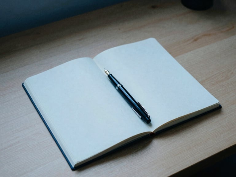 A minimalist wooden desk in soft overcast Swiss daylight, an open blank linen notebook with a classic fountain pen resting on its crease, deep blue shadows.