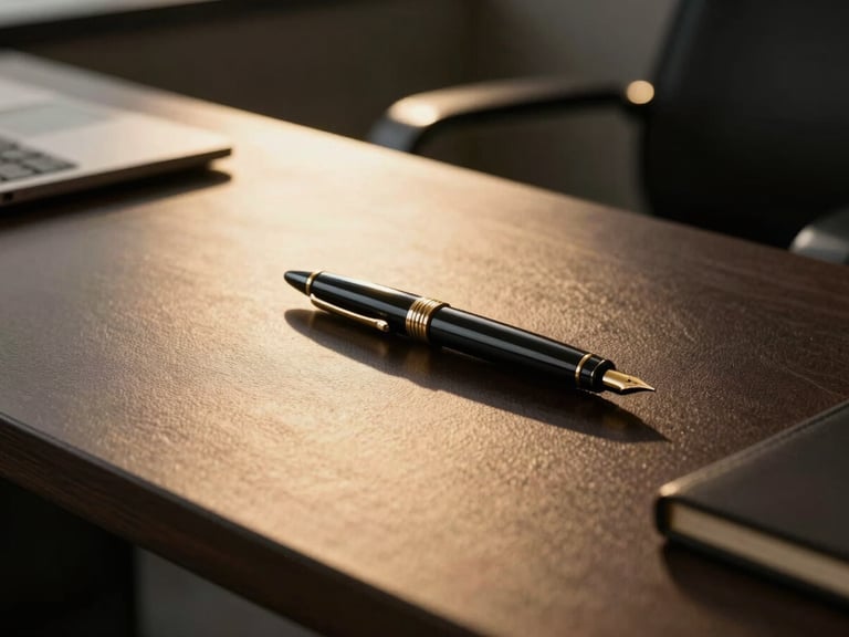 Cinematic medium close-up of a modern corporate law office desk, a fountain pen resting on dark leather, warm golden-hour light casting long shadows, premium aesthetic.