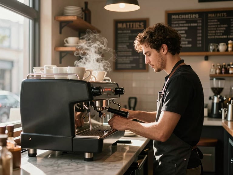 Interior of a narrow artisanal cafe at peak morning hours, a barista working the espresso machine at a marble counter, warm window light from the left catching steam rising from cups, wooden shelving and hand-lettered menu board visible in background