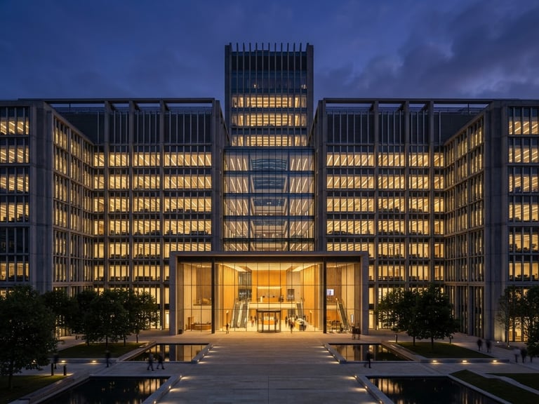 Symmetrical wide-angle architectural shot of a modern steel and concrete corporate headquarters at twilight, sharp focus, gold interior light spilling out, 35mm